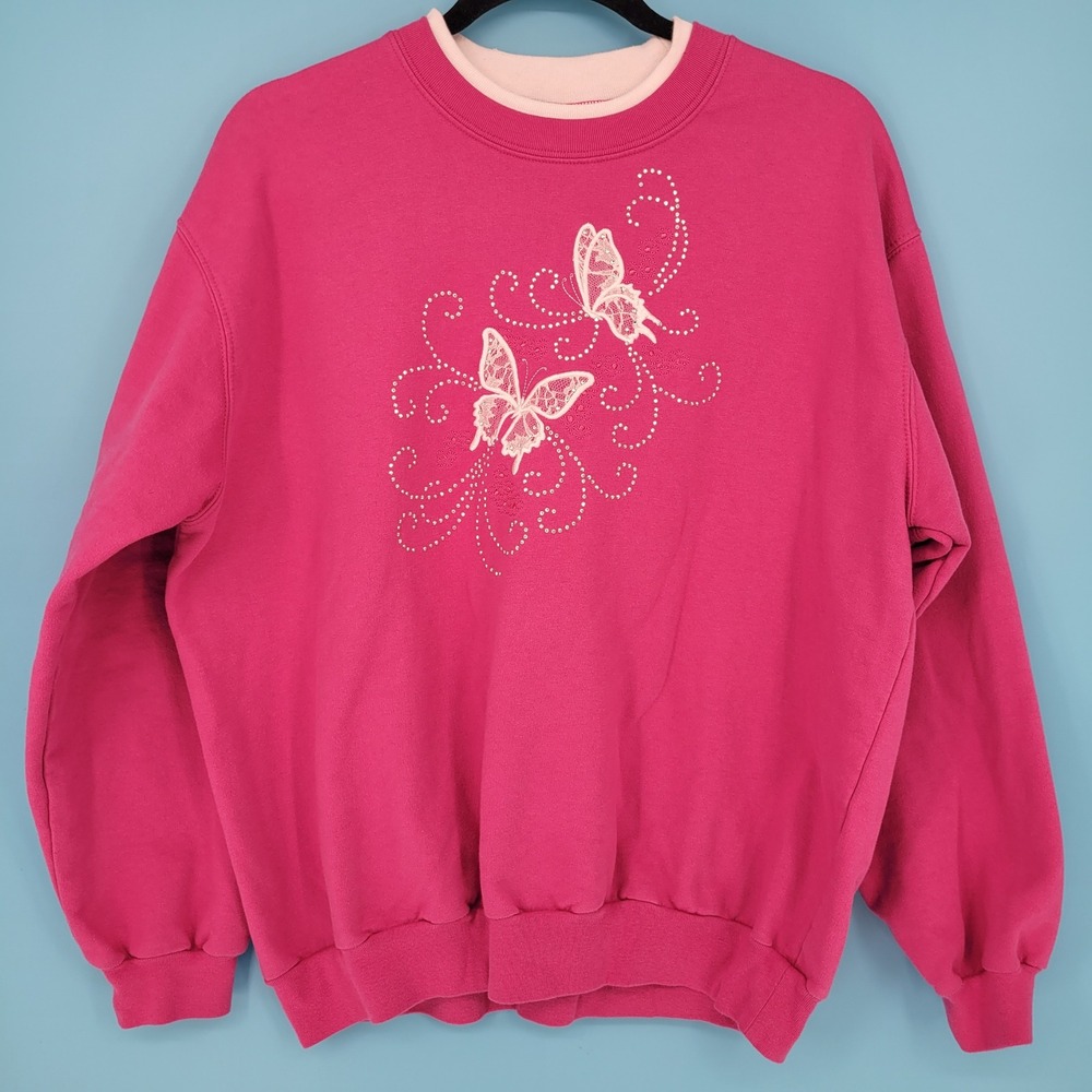Vintage Decorated Originals Sweatshirt Womens XL Pink Butterfly Rhinestone y2k